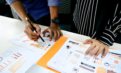 Two people looking over charts